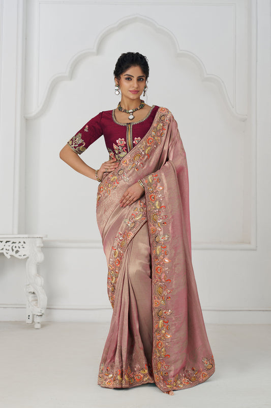 Pink Multi-Thread And Sequins Embroidery Wedding Saree