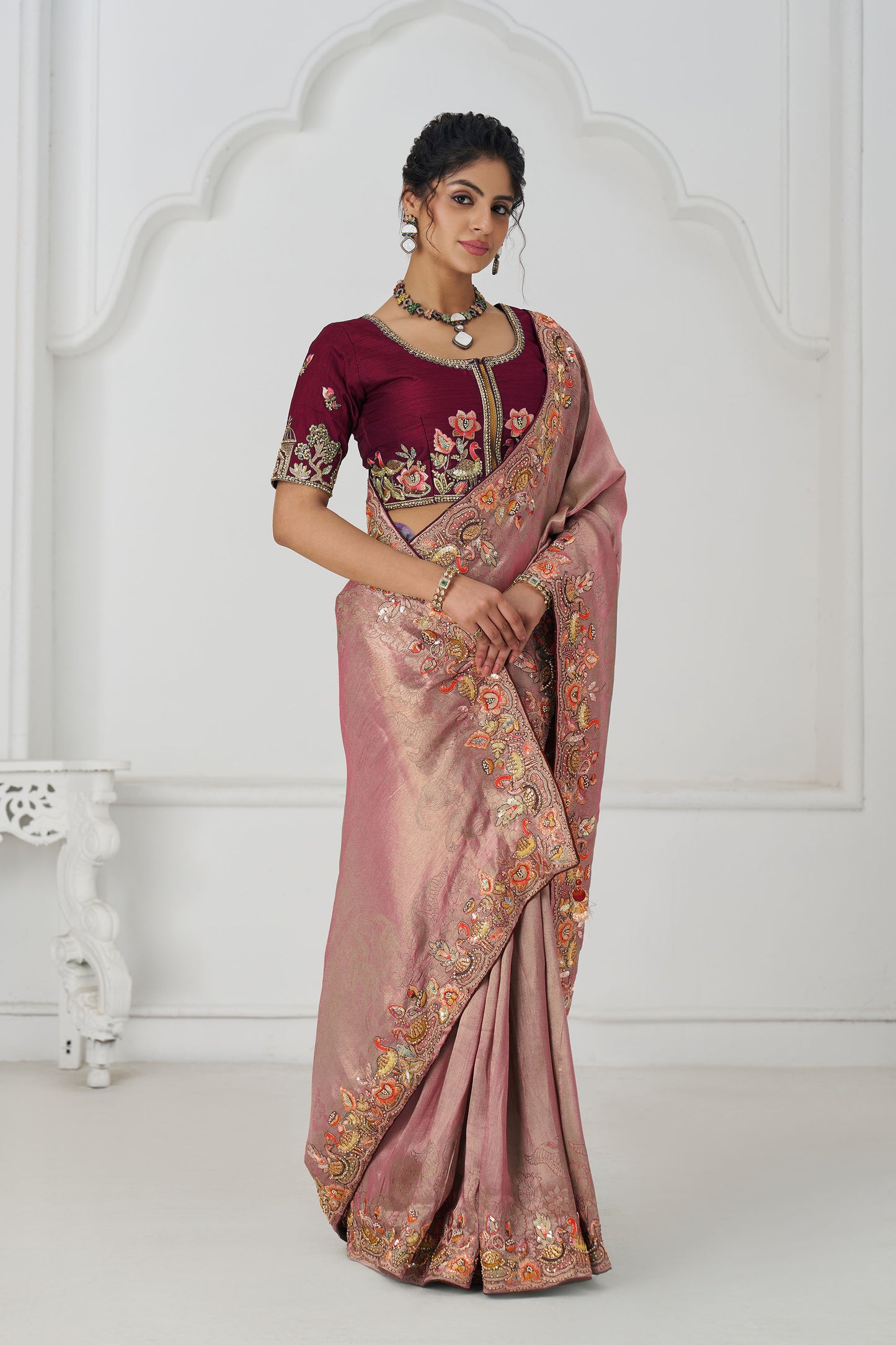 Pink Multi-Thread And Sequins Embroidery Wedding Saree