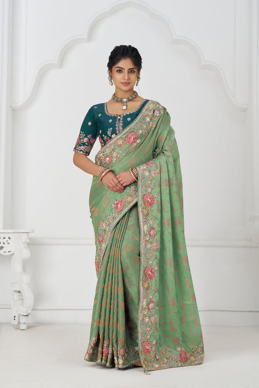 Green Dola Viscose Silk Multi-thread Embroidered Saree With Floral Embroidery