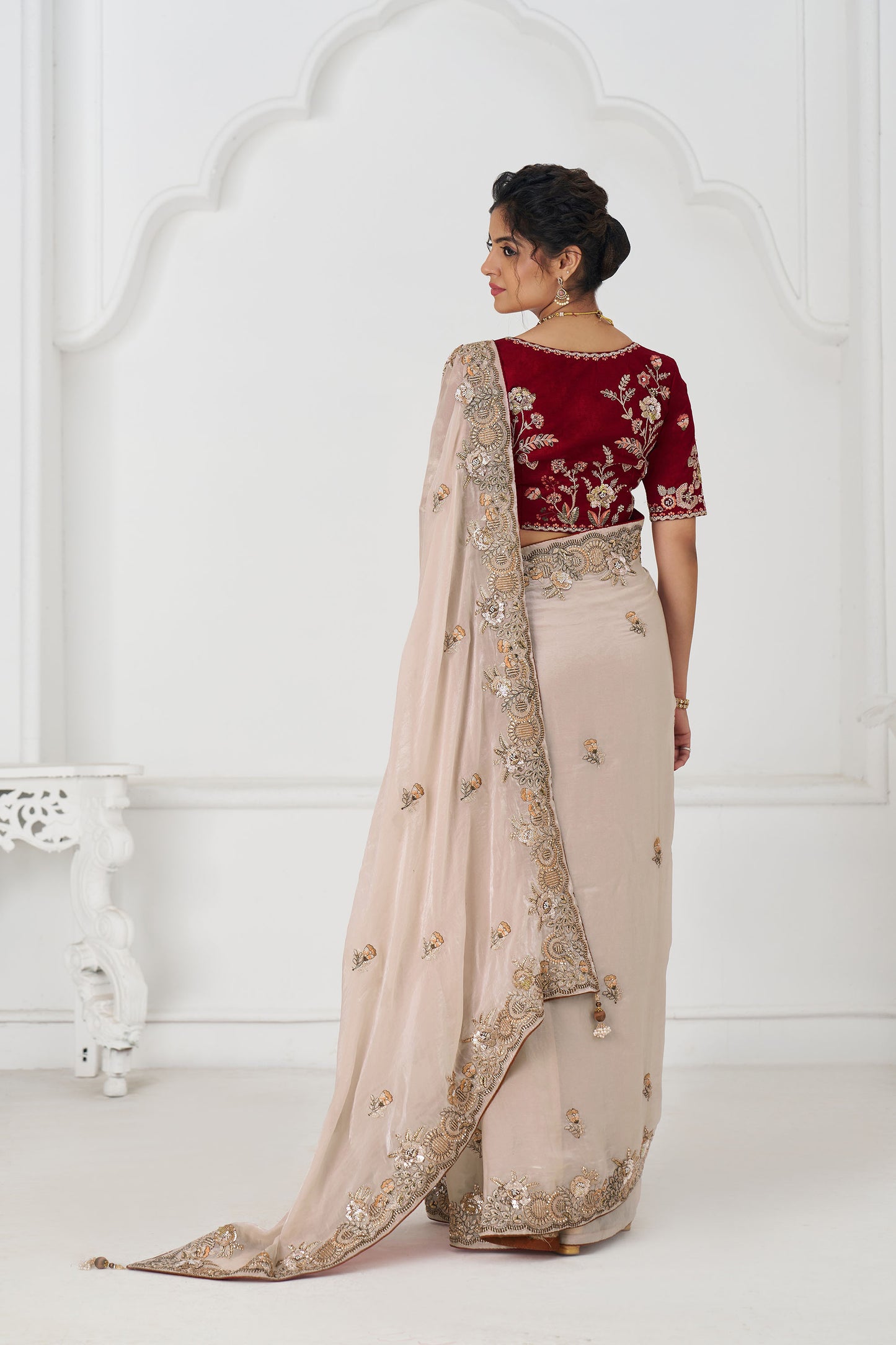 Chiku Fendi Silk Festive Saree With Zari & Sequins Embroidery