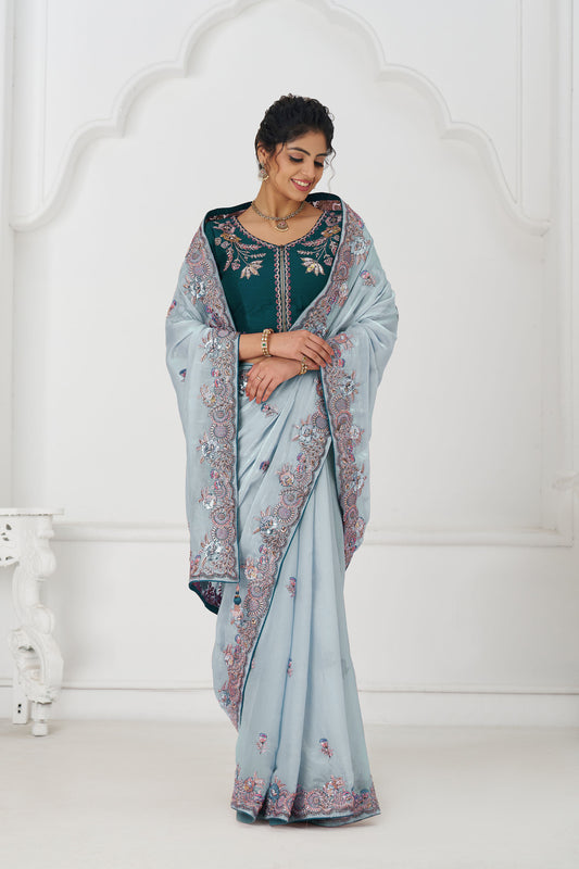 Grey Fendi Silk Festive Saree With Zari & Sequins Embroidery
