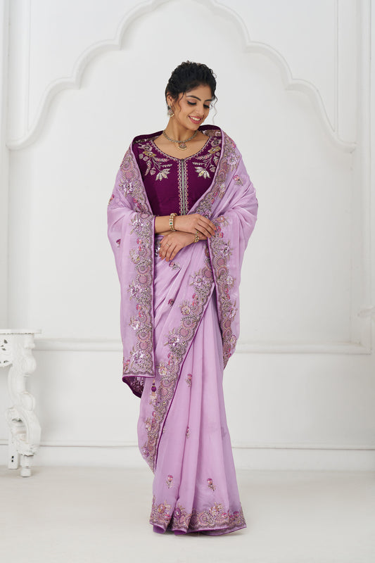 Mauve Fendi Silk Festive Saree With Zari & Sequins Embroidery