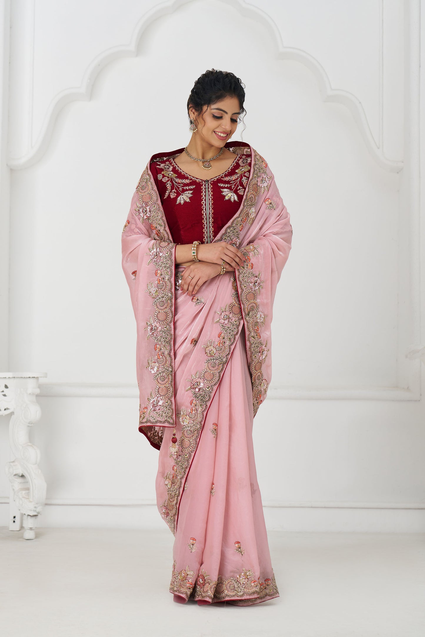 Pink Fendi Silk Festive Saree With Zari & Sequins Embroidery