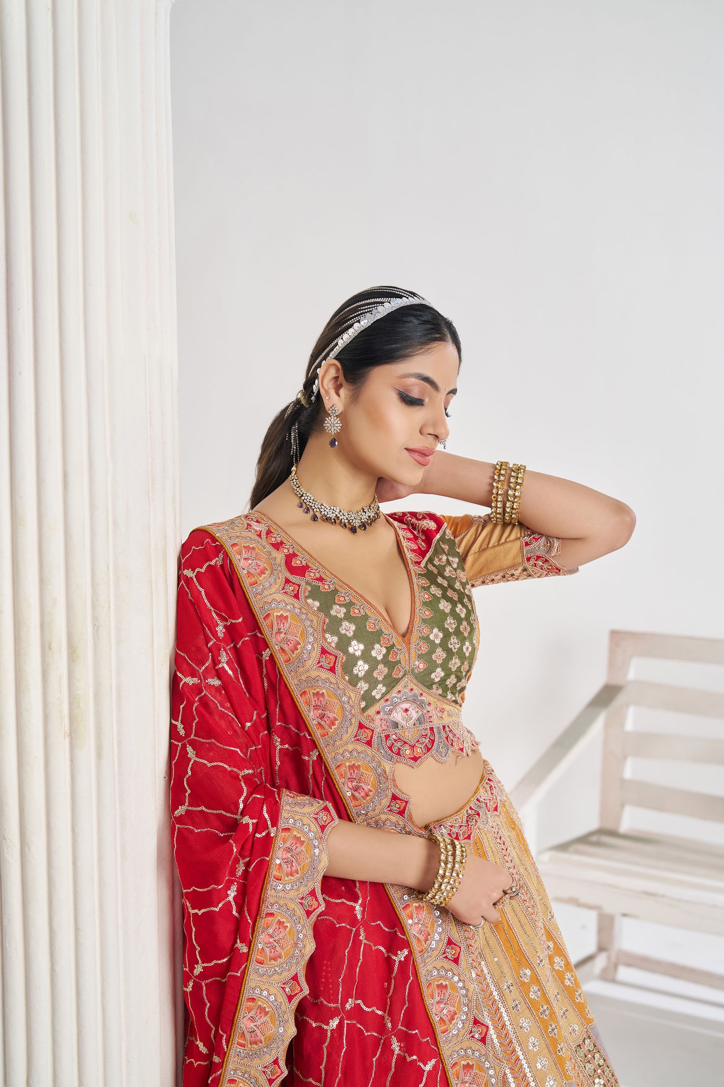 Mustard Jaal Patterned Sequin & Aari Work Dola Silk Bridal Lehenga