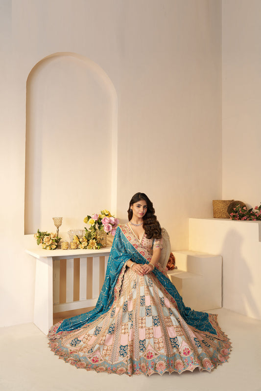 Sky Blue Jaal Patterned Sequin & Aari Work Dola Silk Bridal Lehenga