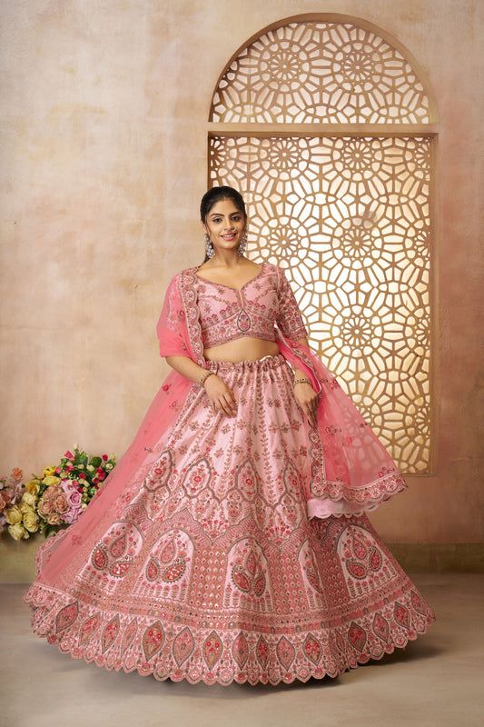 Pink Imperial Patterned Sequins Embroidered Silk Bridal Lehenga for Sangeet