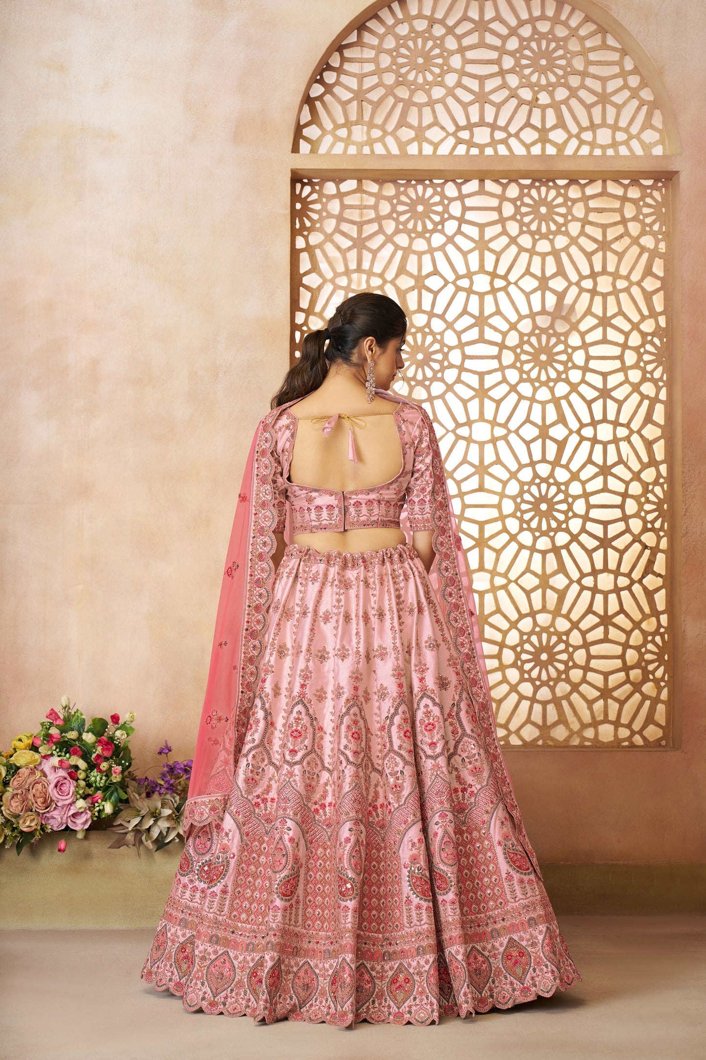 Pink Imperial Patterned Sequins Embroidered Silk Bridal Lehenga for Sangeet