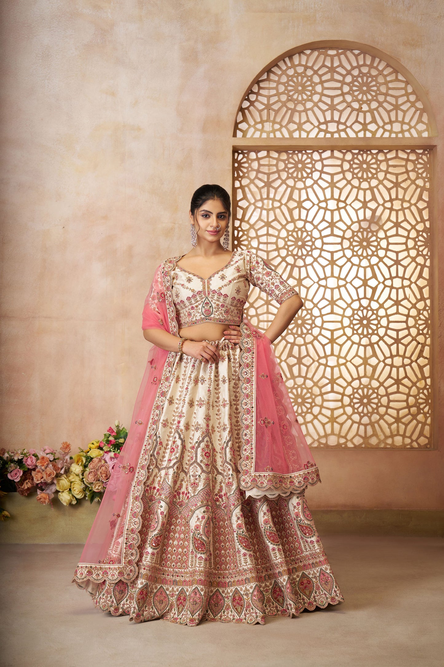 White Imperial Patterned Sequins Embroidered Silk Bridal Lehenga for Haldi