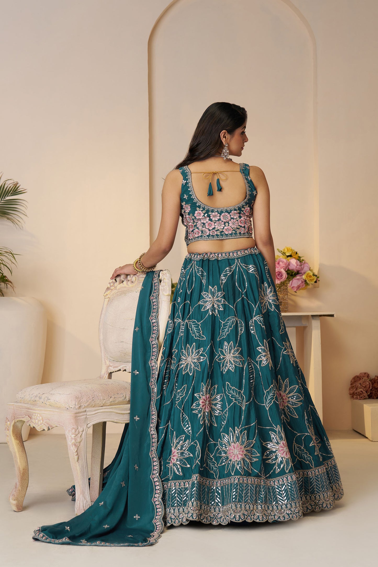 Blue Satin Silk Sequins Work & Floral Embroidery Bridesmaid Lehenga