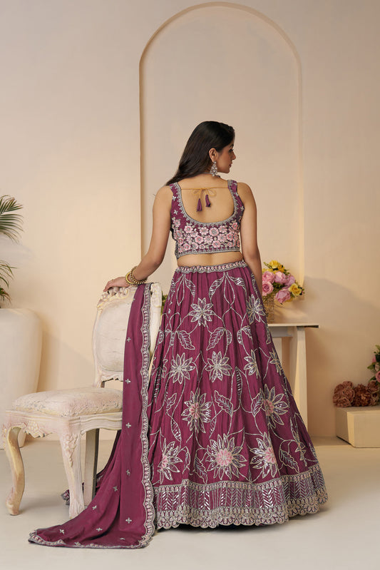Maroon Satin Silk Sequins Work & Floral Embroidery Bridesmaid Lehenga