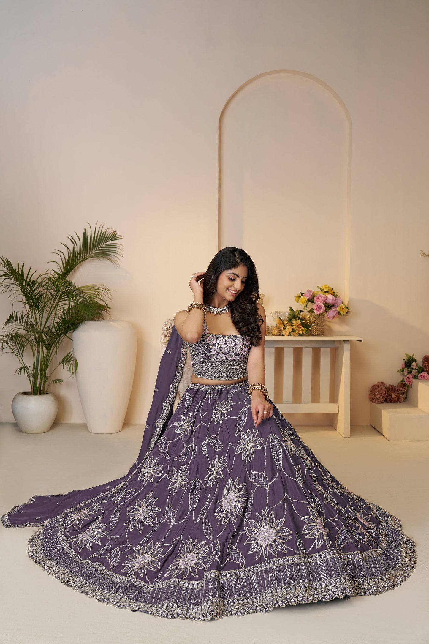 Purple Satin Silk Sequins Work & Floral Embroidery Bridesmaid Lehenga
