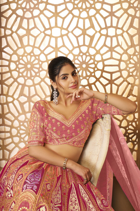 Pink Aari Embroidered Silk Lehenga For Wedding