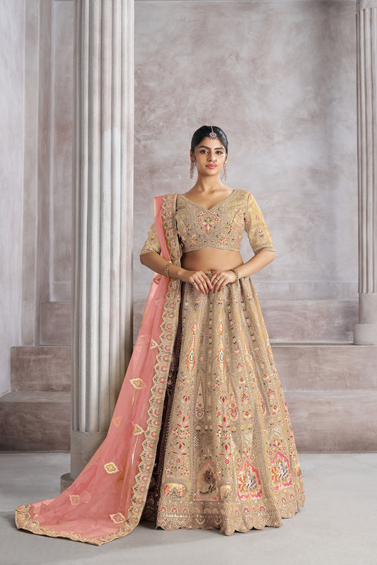 Beige Aari and Patch Embroidered Silk Bridal Lehenga
