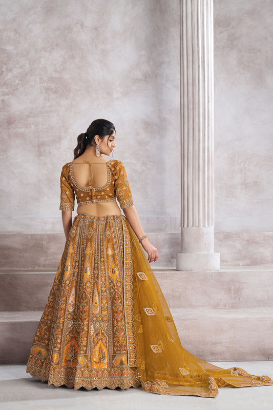 Mustard Aari and Patch Embroidered Silk Bridal Lehenga