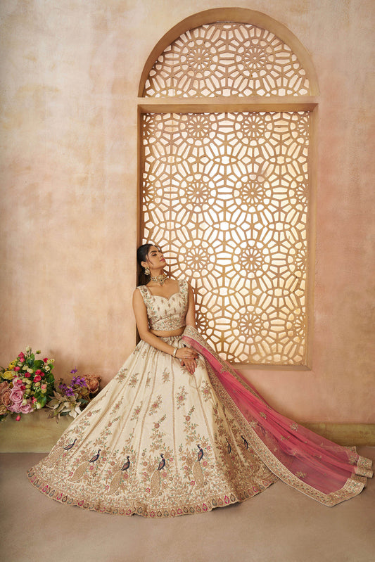 White Zari Silk Sequins & Thread Embroidery Lehenga