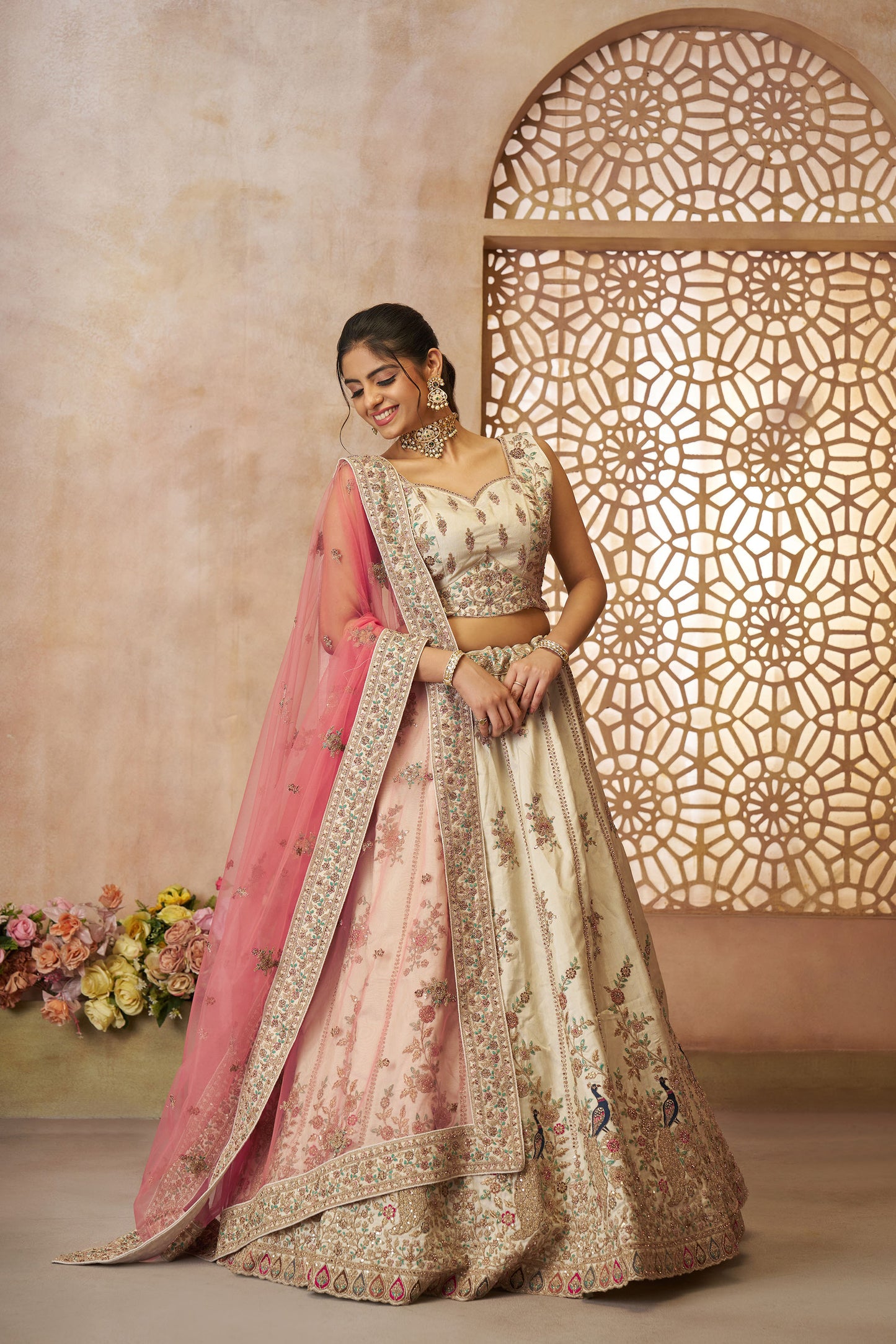 White Zari Silk Sequins & Thread Embroidery Lehenga