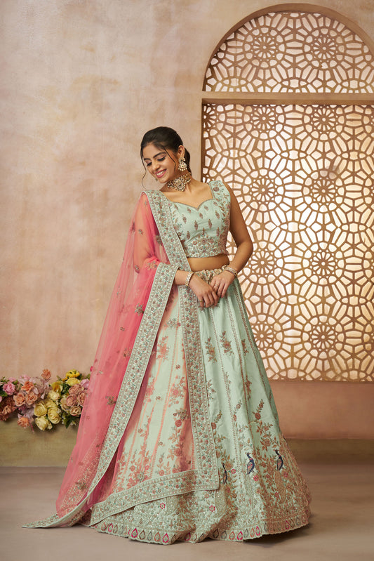 Green Zari Silk Sequins & Thread Embroidery Mehendi Lehenga