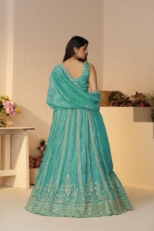 Sky Blue Zari Work Jimmy Choo Engagement Lehenga