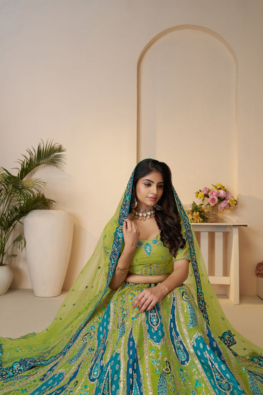 Green Paisley and Peacock Motifs & Heavy Embroidery Silk Mehendi Lehenga