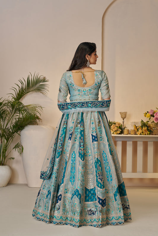 Sky Blue Banarasi Silk Sequins & Zari Embroidered Bridal Lehenga