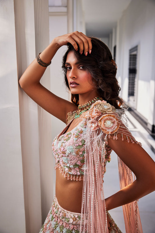 Pink Embroidered Net Coral Crush Lehenga