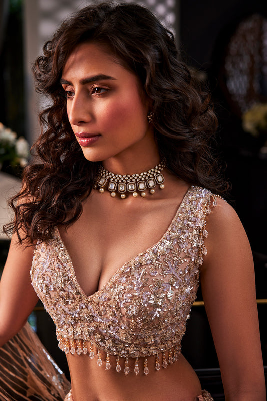 Dusty Peach Embroidered Organza Sparkle Designer Lehenga Set