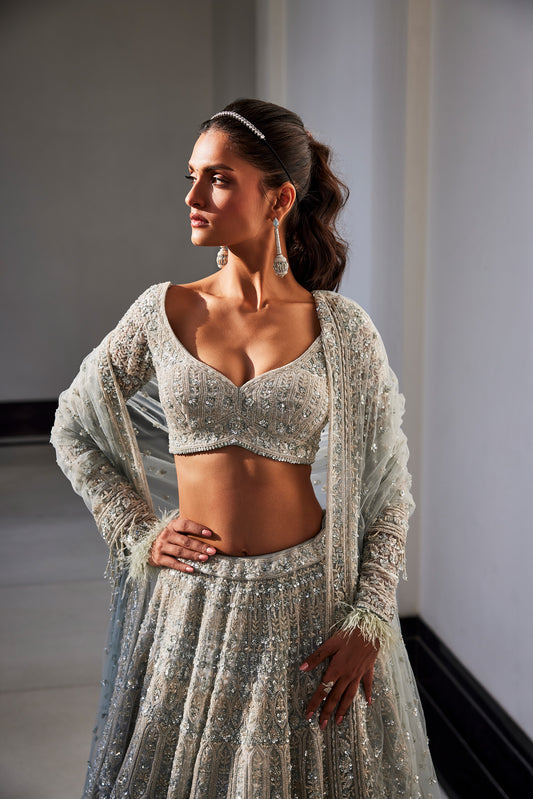 Iceblue Embroidered Organza Enigma Lehenga Set