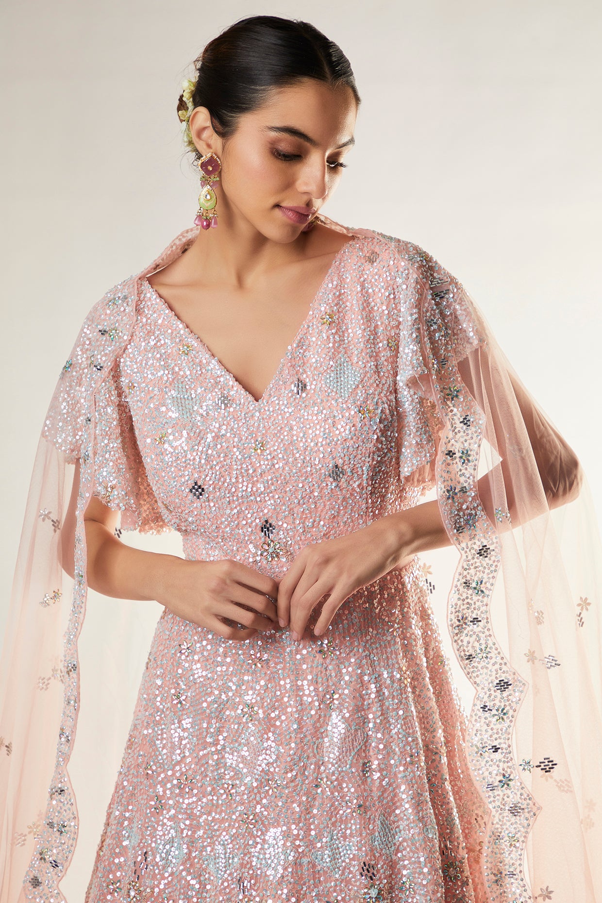 peach organza embroidered gown