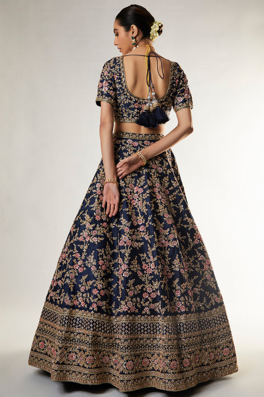 navy raw silk zardosi embroidered lehenga set