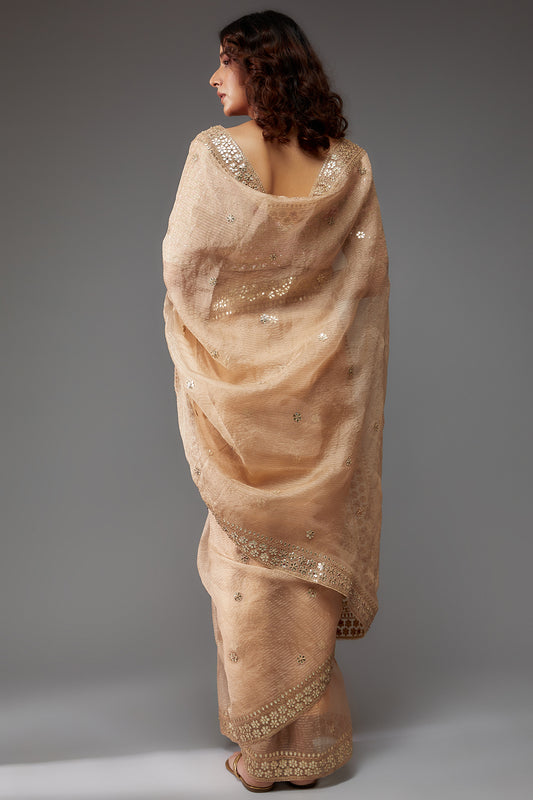 gold organza hand embroidered saree set