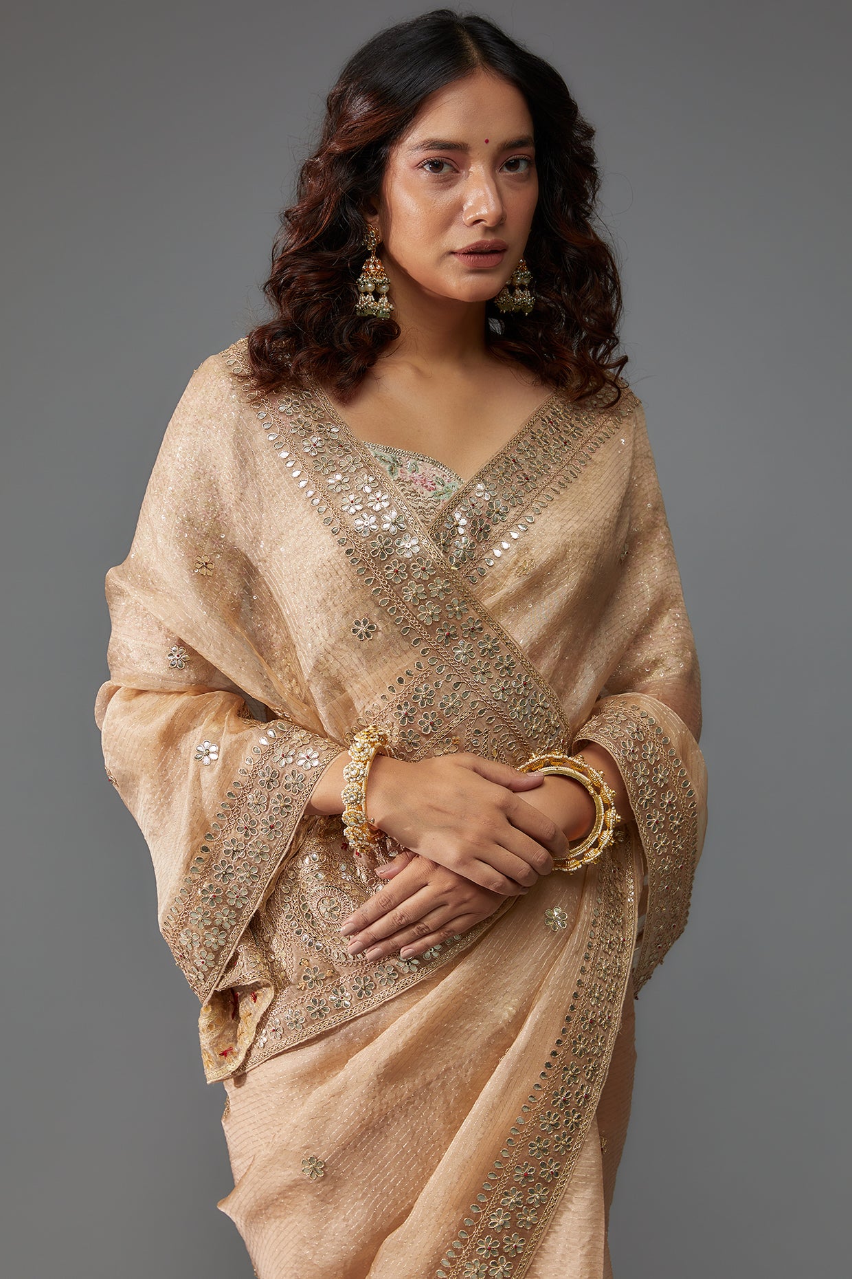 gold organza hand embroidered saree set