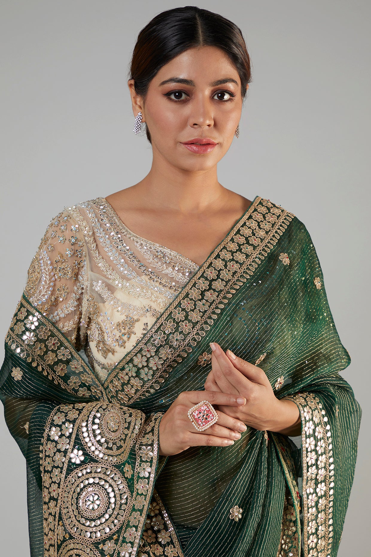 bottle green tissue organza embroidered saree set