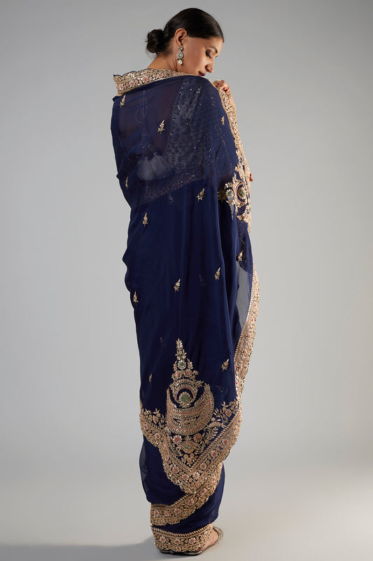 navy blue tissue organza embroidered saree set