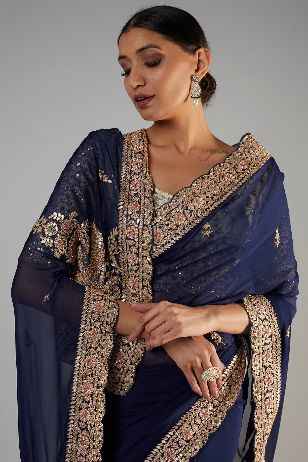 navy blue tissue organza embroidered saree set