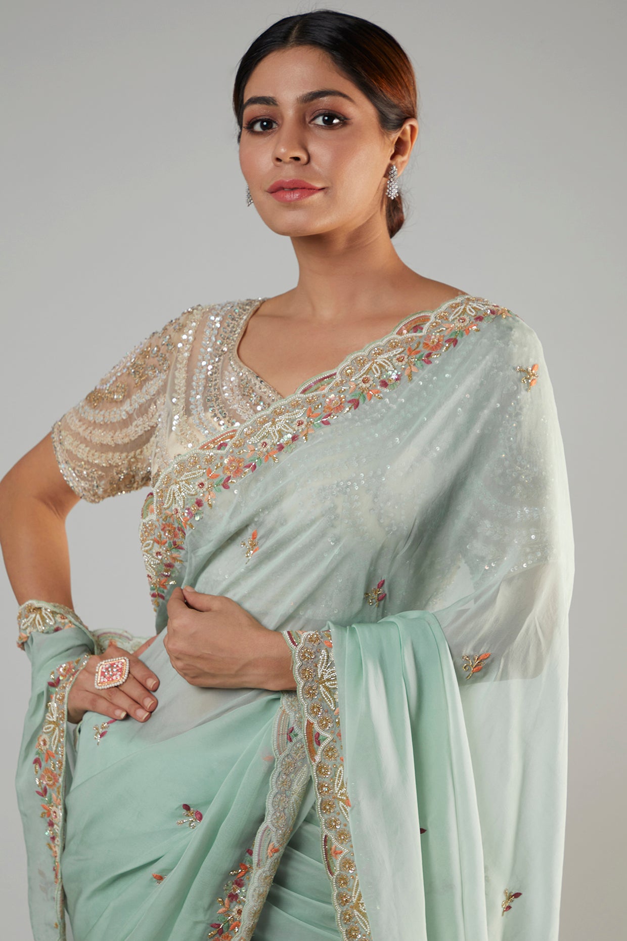 sea blue tissue organza embroidered saree set