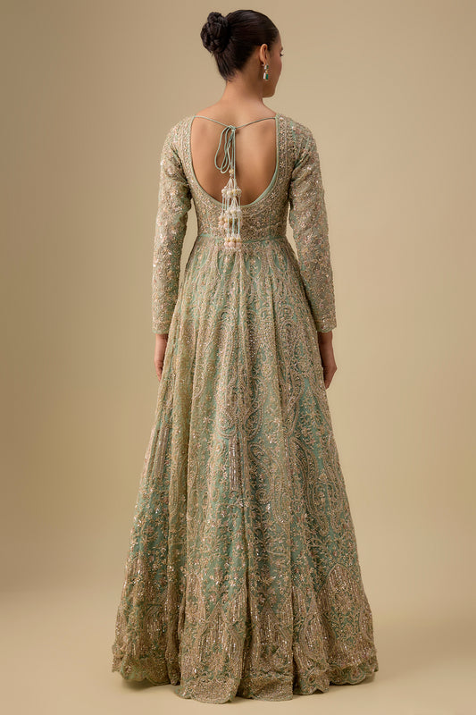 aqua organza hand & machine embroidered anarkali set