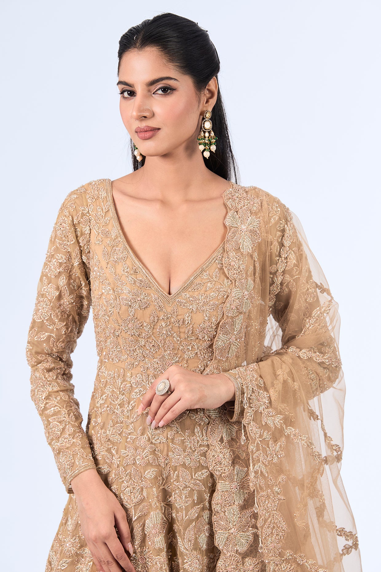 gold organza cutdana & zardosi embroidered lehenga set