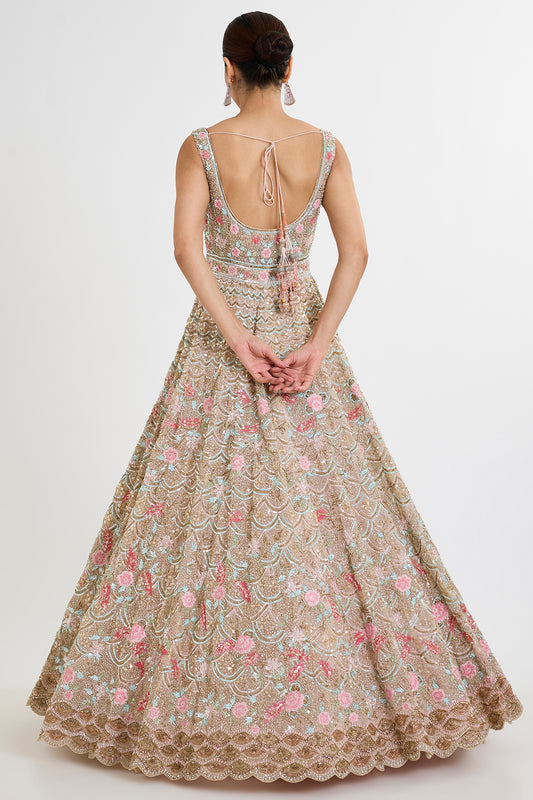 multi-colored net zardosi embroidered anarkali set