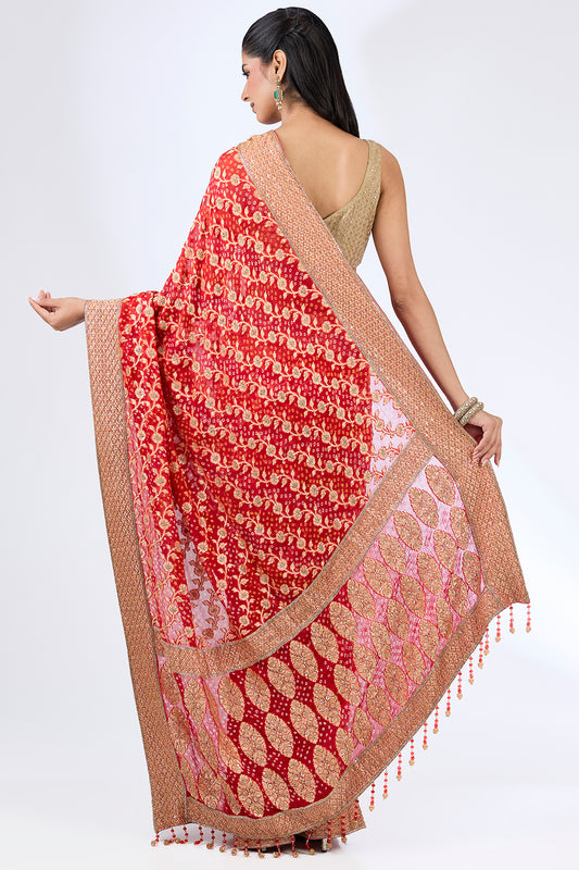 red bandhej handloom sequin & thread hand embroidered saree set