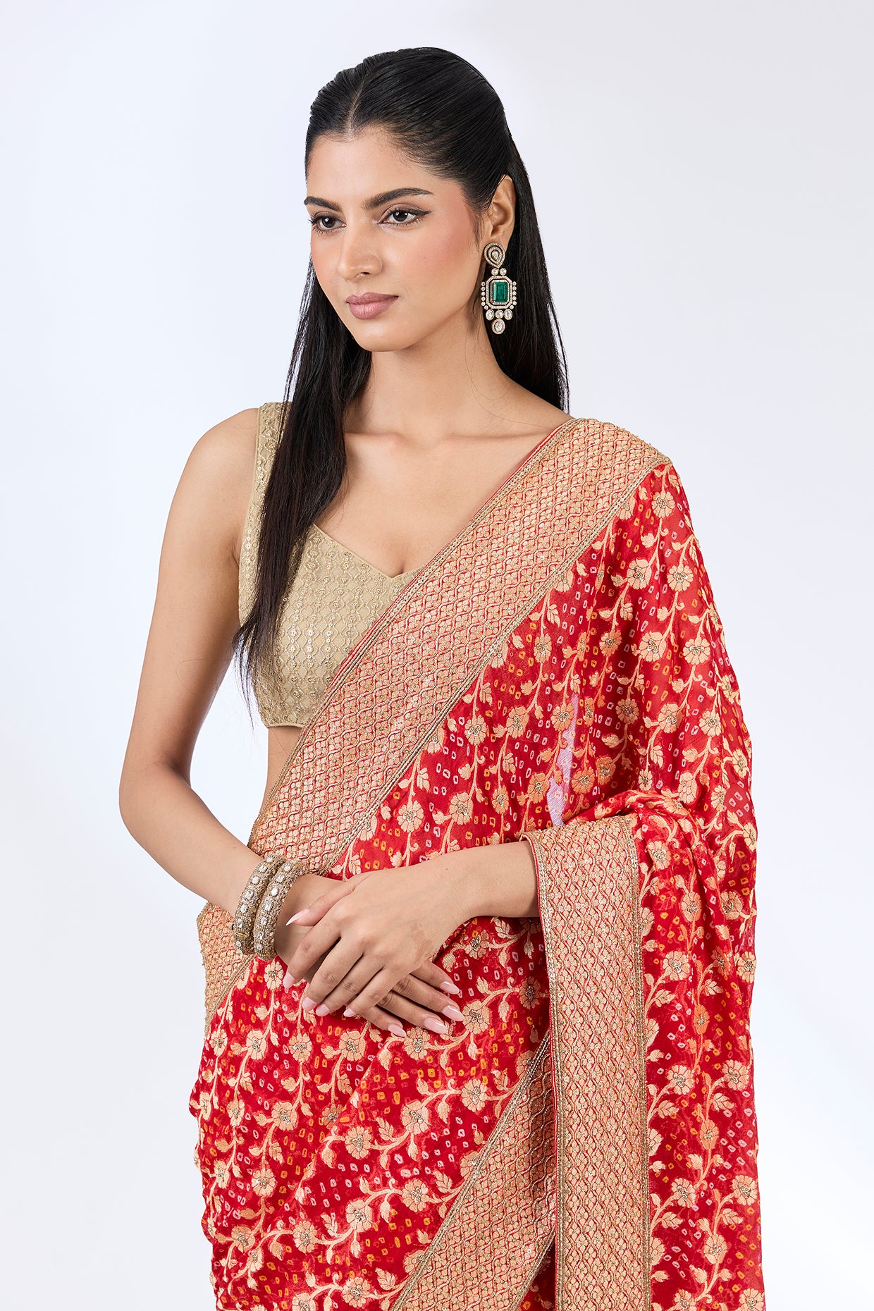 red bandhej handloom sequin & thread hand embroidered saree set