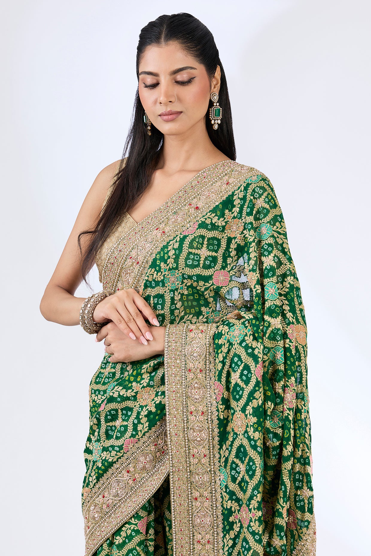 green bandhej handloom sequin & thread hand embroidered saree set