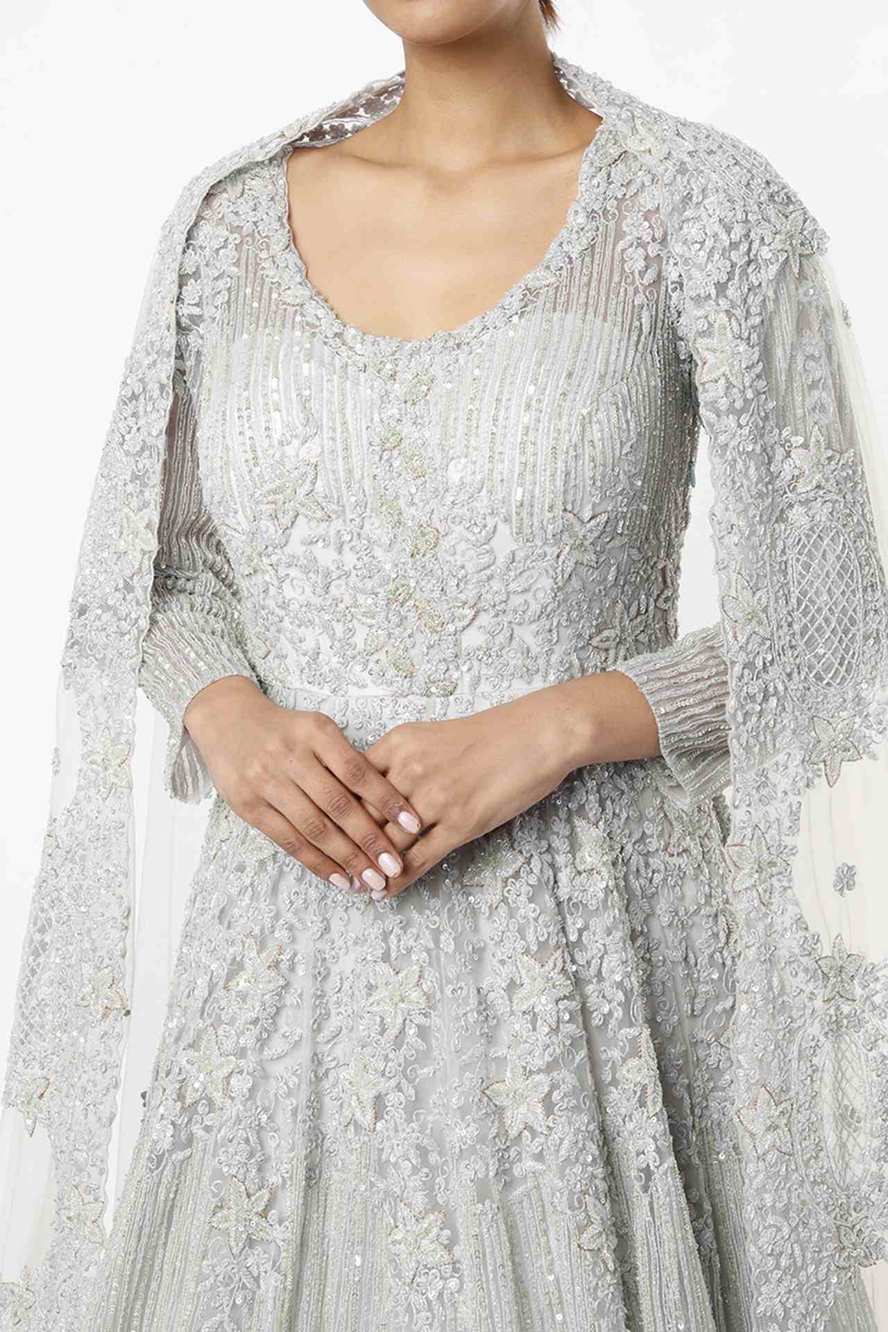 grey embroidered gown with choker dupatta