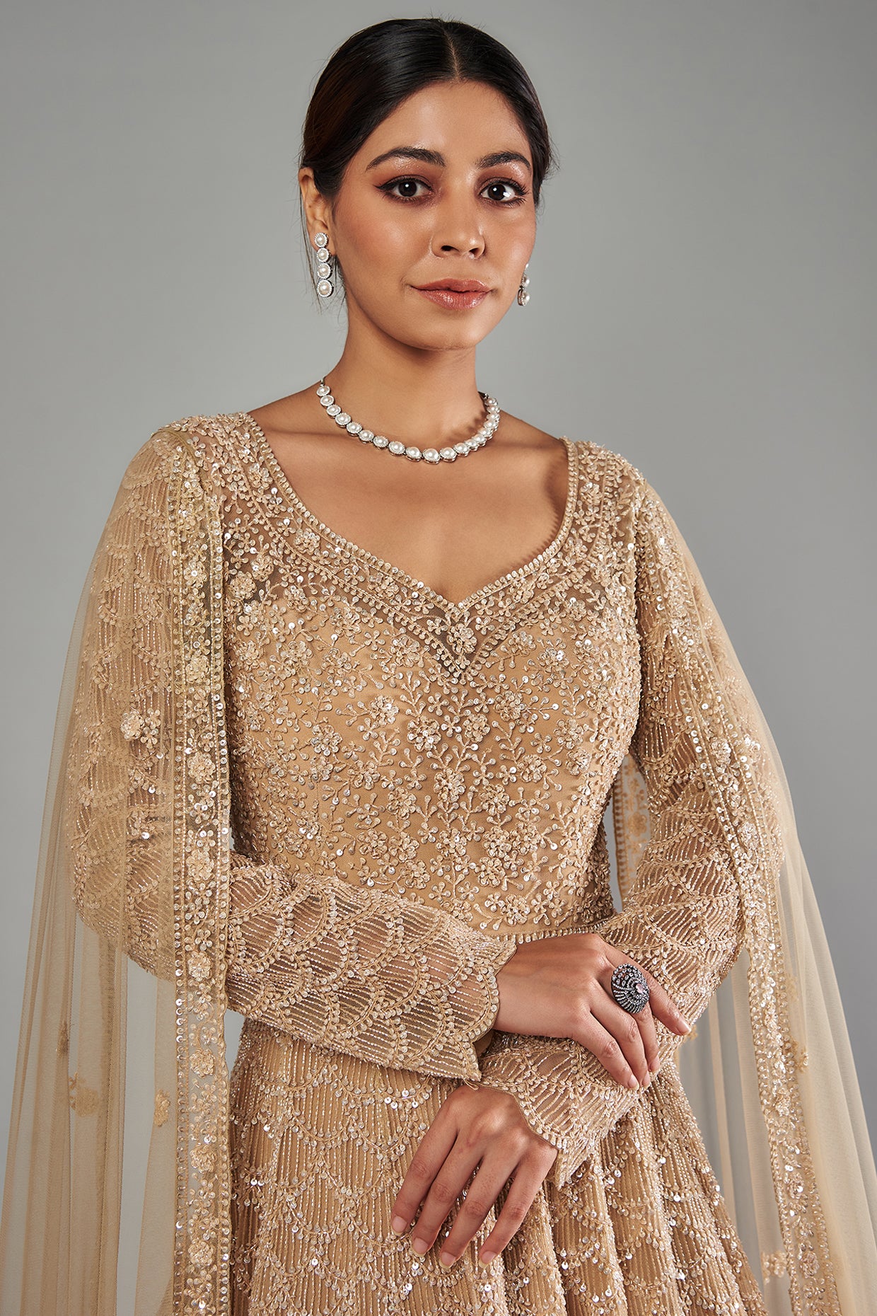 gold net sequins embroidered gown