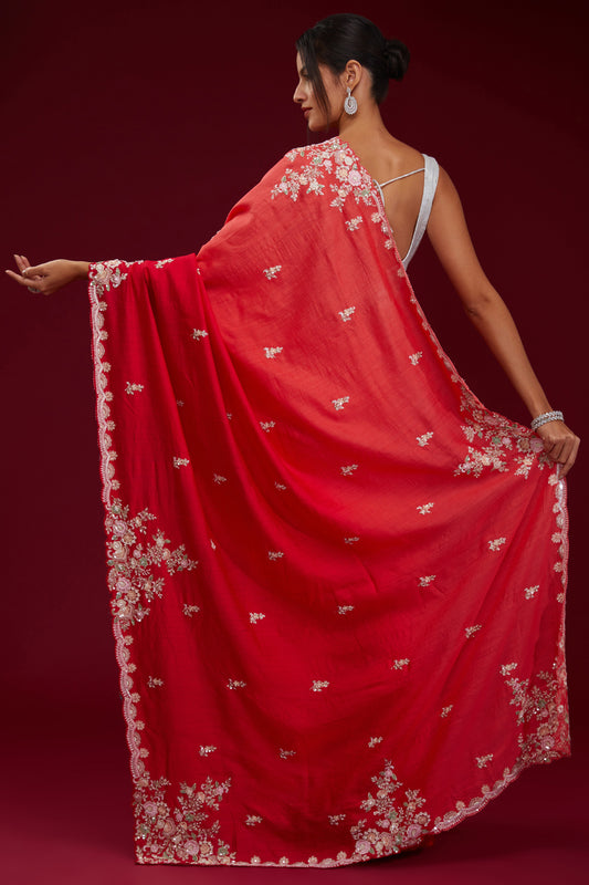 red raw silk thread embroidered saree set