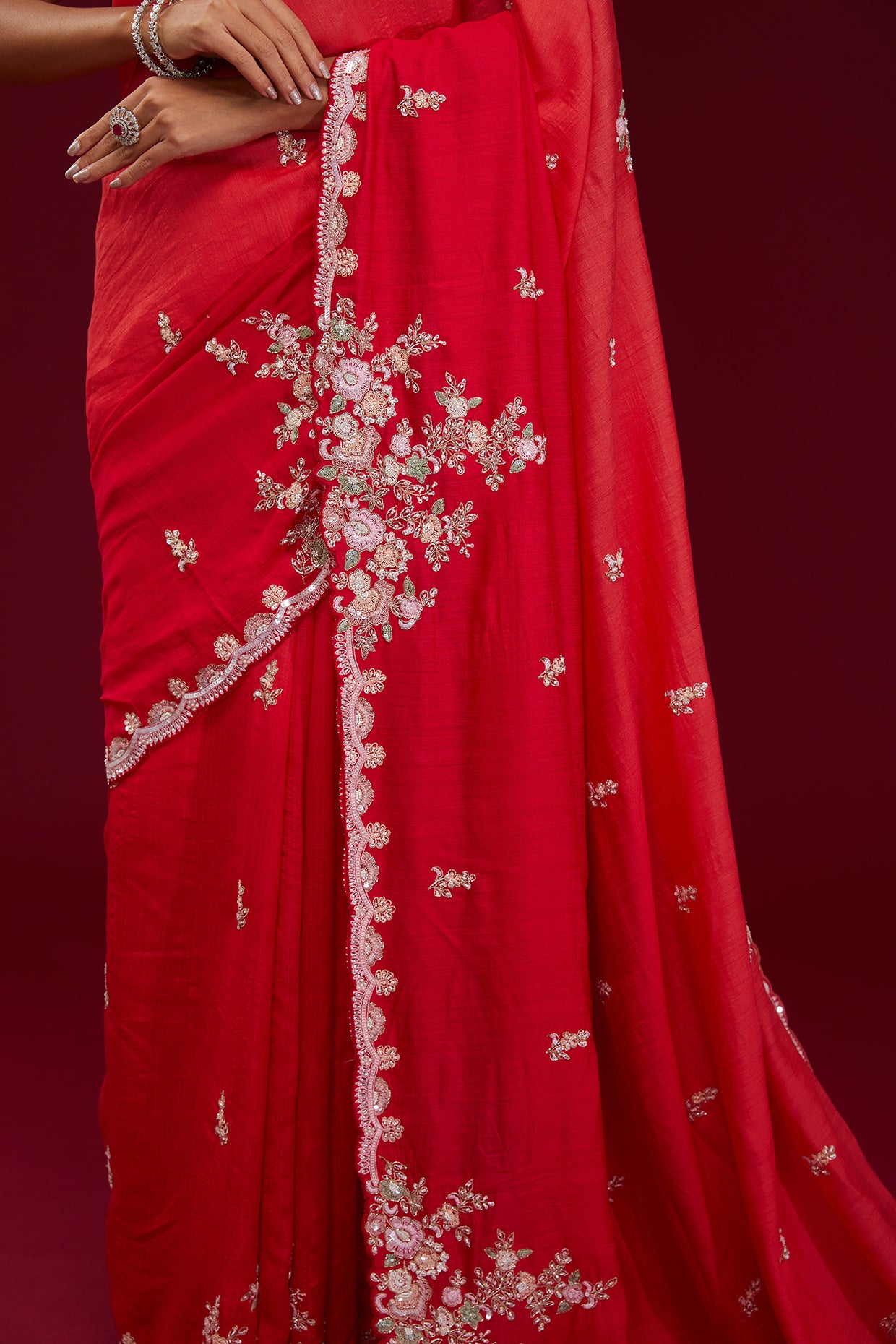 red raw silk thread embroidered saree set