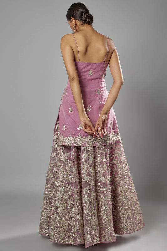 mauve organza embroidered sharara set