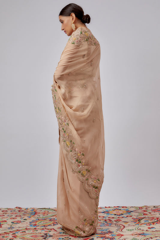 beige organza hand embroidered saree set