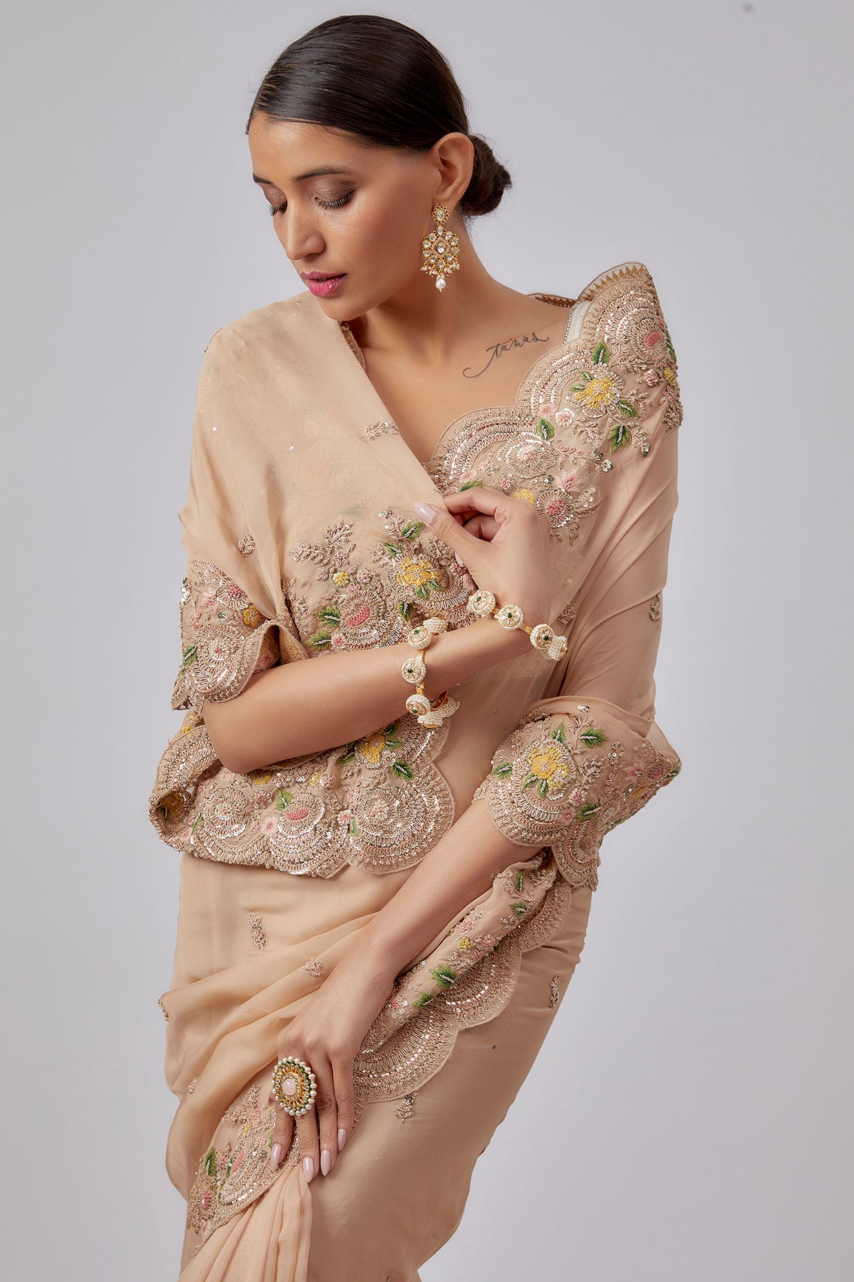 beige organza hand embroidered saree set