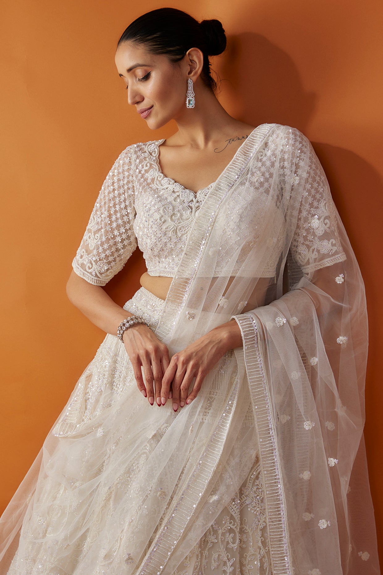 White net boota hand embroidered Bridal lehenga set