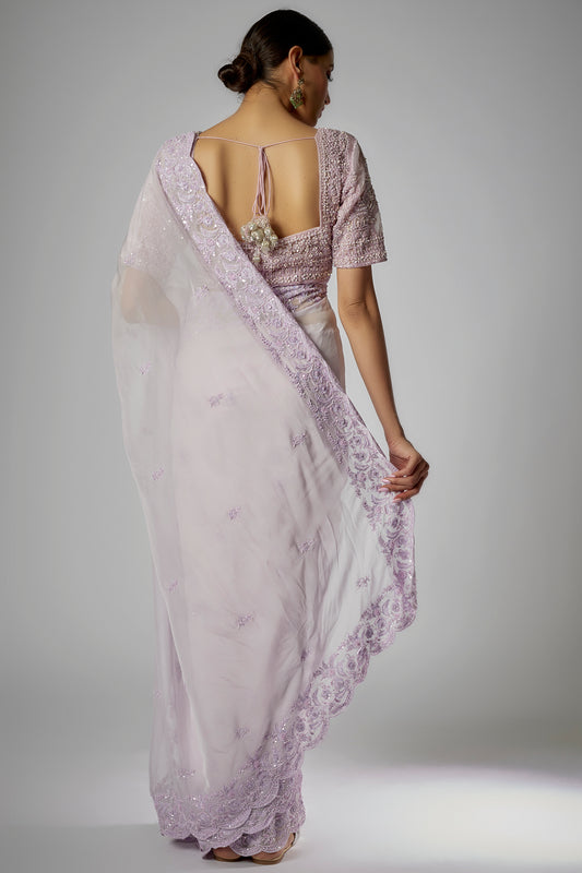 lilac organza crystal embroidered saree set